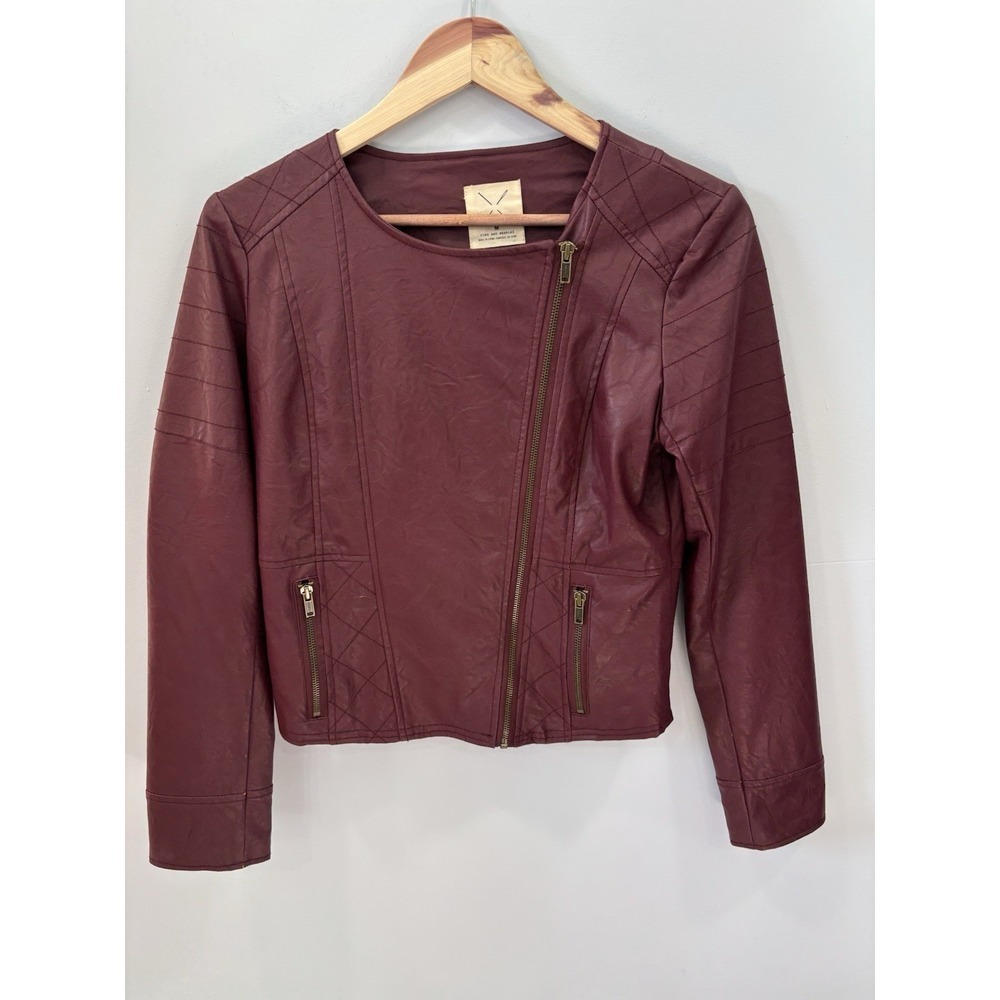 Pins & Needles Burgundy Faux Leather Moto Jacket M Asymmetrical Zip Punk Edgy